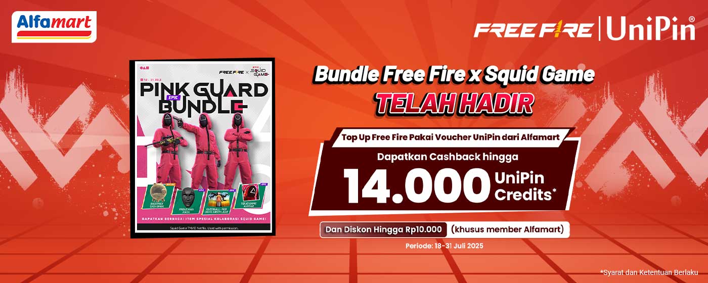 Top Up FF pakai Voucher UniPin dari Alfamart, Dapatkan Bonus Hingga 14.000 UniPin Credits, diskon hingga Rp10.000 dan Koleksi Kolaborasi Free Fire x Squid Game!